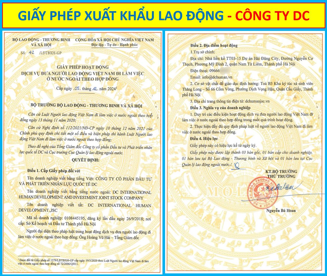 Giấy phép Xuất Khẩu Lao Động - công ty DC