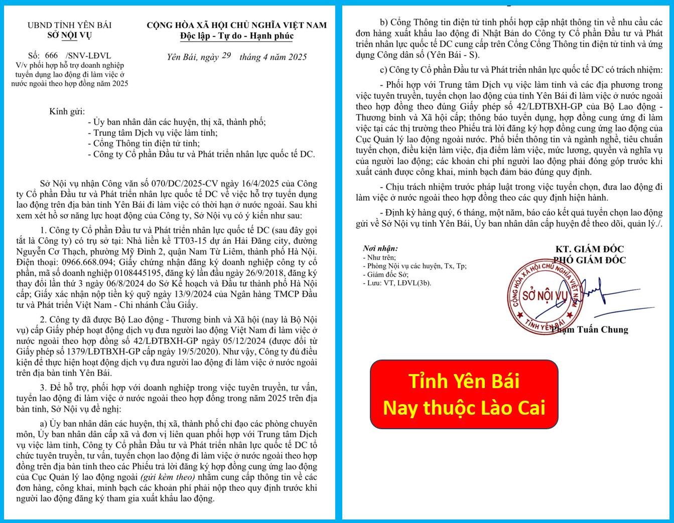 Sở Nội Vụ tỉnh Yên Bái cấp phép cho công ty DC