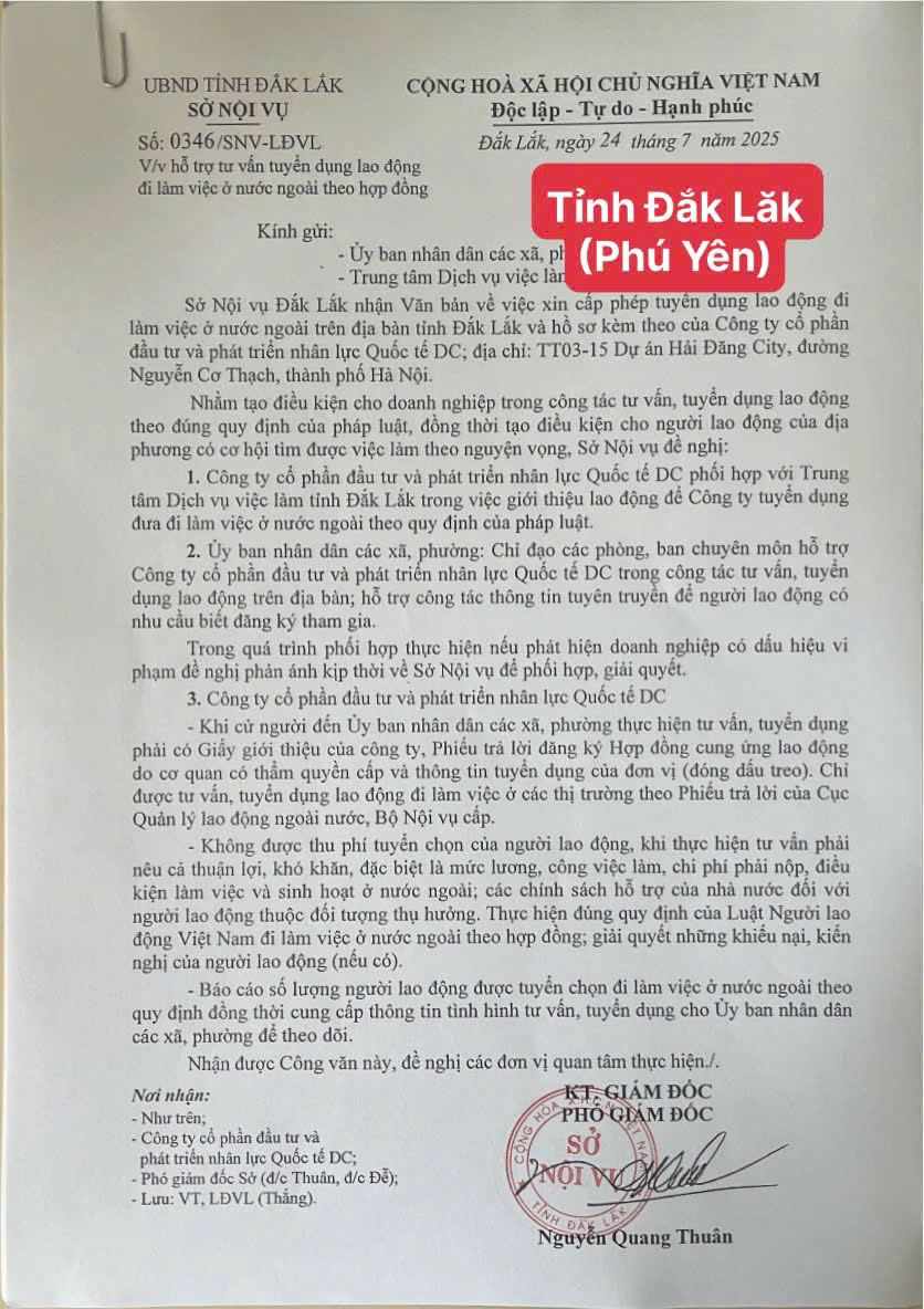 Sở Nội Vụ tỉnh Đăk Lăk cấp phép cho công ty DC