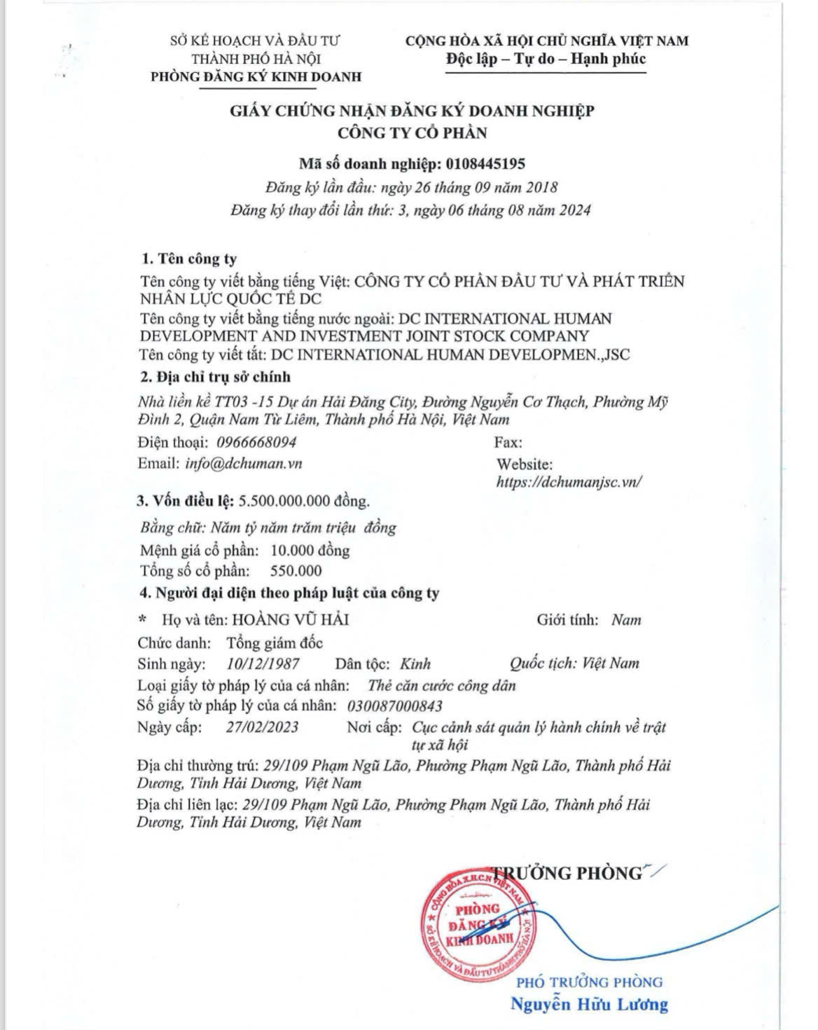 Giấy chứng nhận Đăng Ký Doanh Nghiệp công ty DC