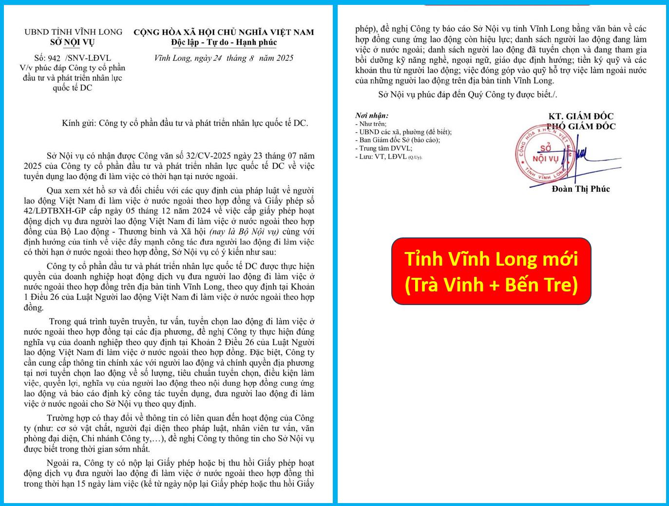 Sở Nội Vụ tỉnh Vĩnh Long cấp phép cho công ty DC