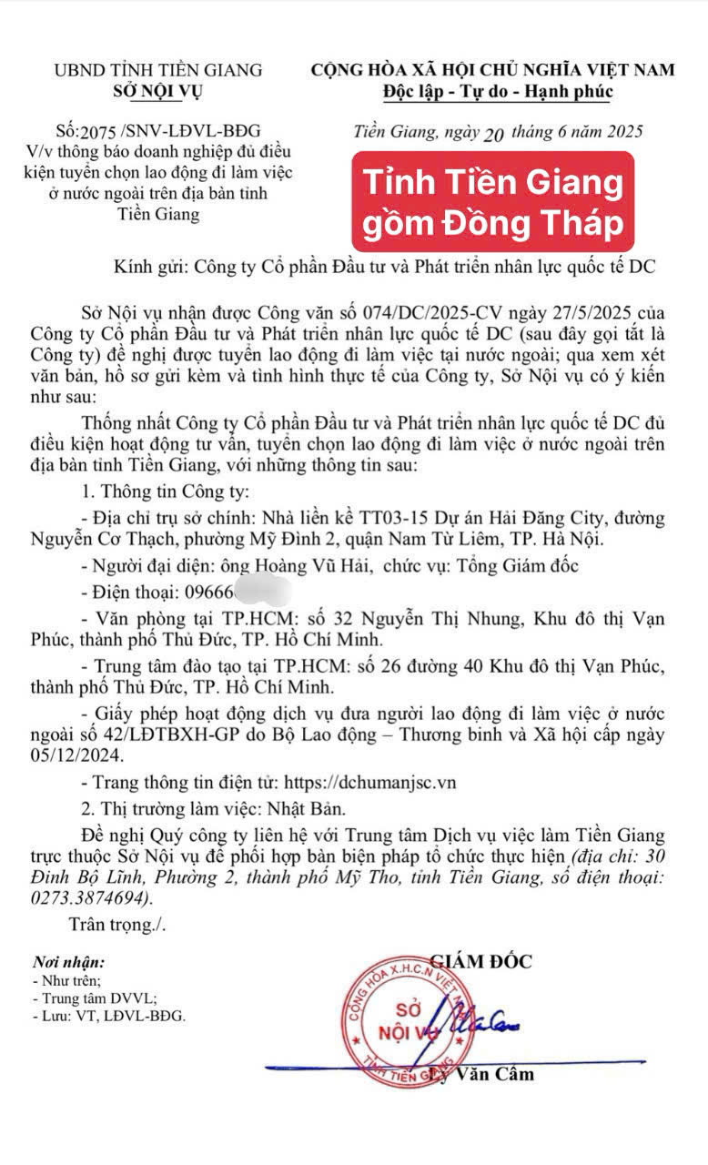 Sở Nội Vụ tỉnh Tiền Giang cấp phép cho công ty DC